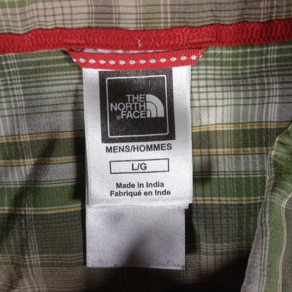The North Face Plaid Snap Shirt Mens L Green Short Sleeve Cotton Hiking Gorpcore